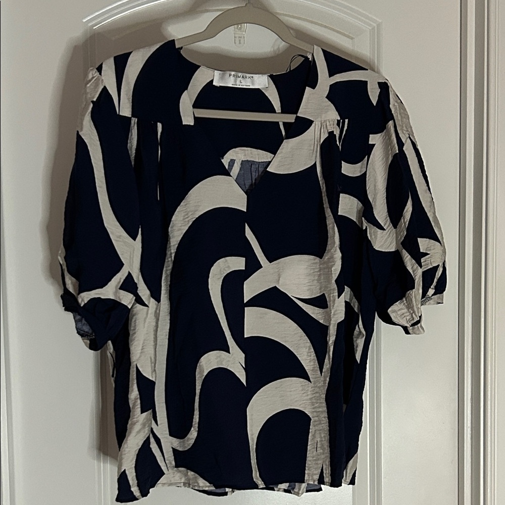 Primark Navy and White Abstract Short-Sleeve Blouse